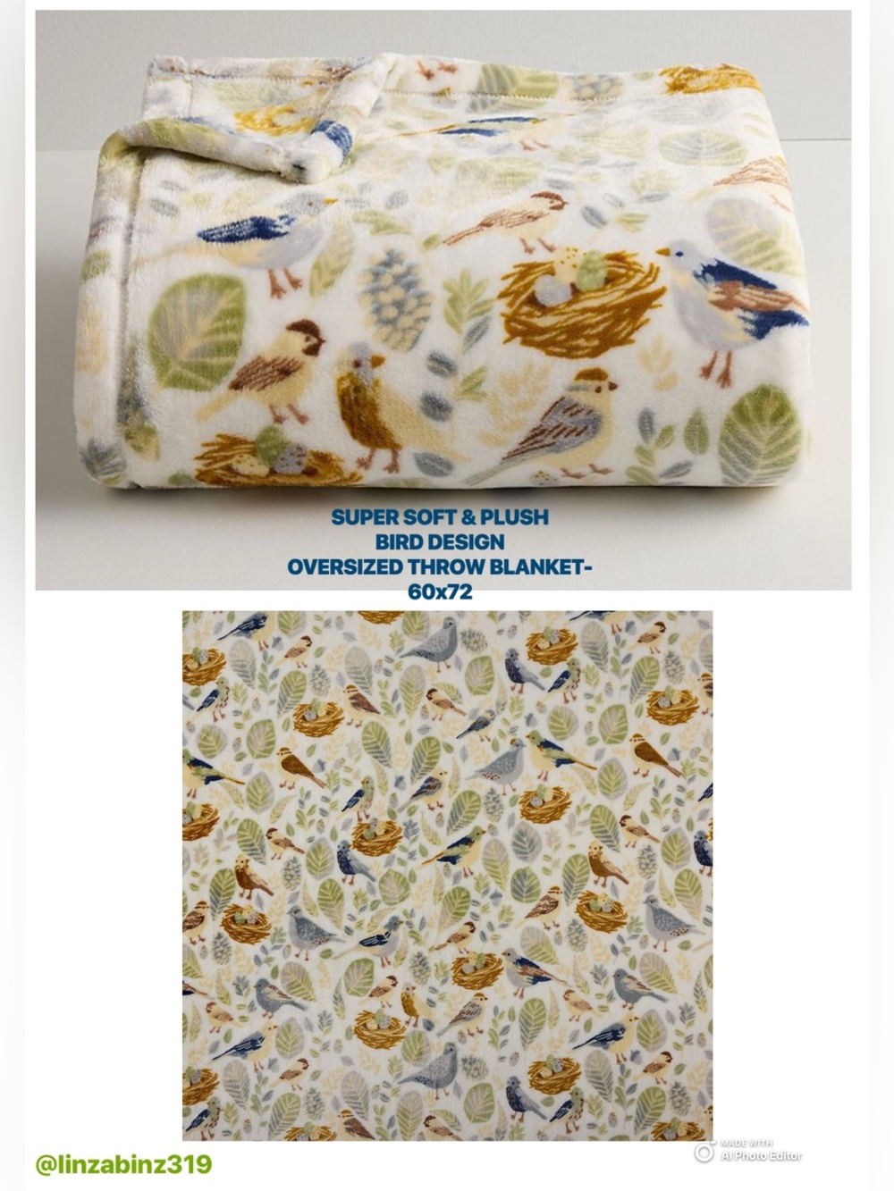 NWT- SUPER SOFT PLUSH VELVETY SMOOTH- OVERSIZED BIRD THROW BLANKET 60x72